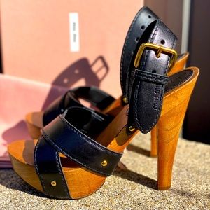 Miu Miu Black Leather and Tan Wood Sandal